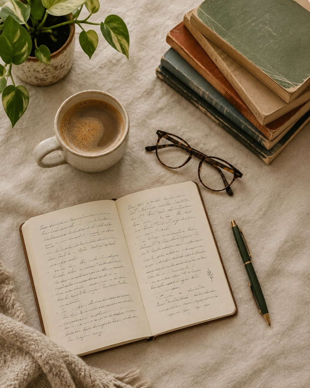 Photo: an overhead desk with a notebook, coffee, books, and a plant (placeholder for Kimberly’s own photography)