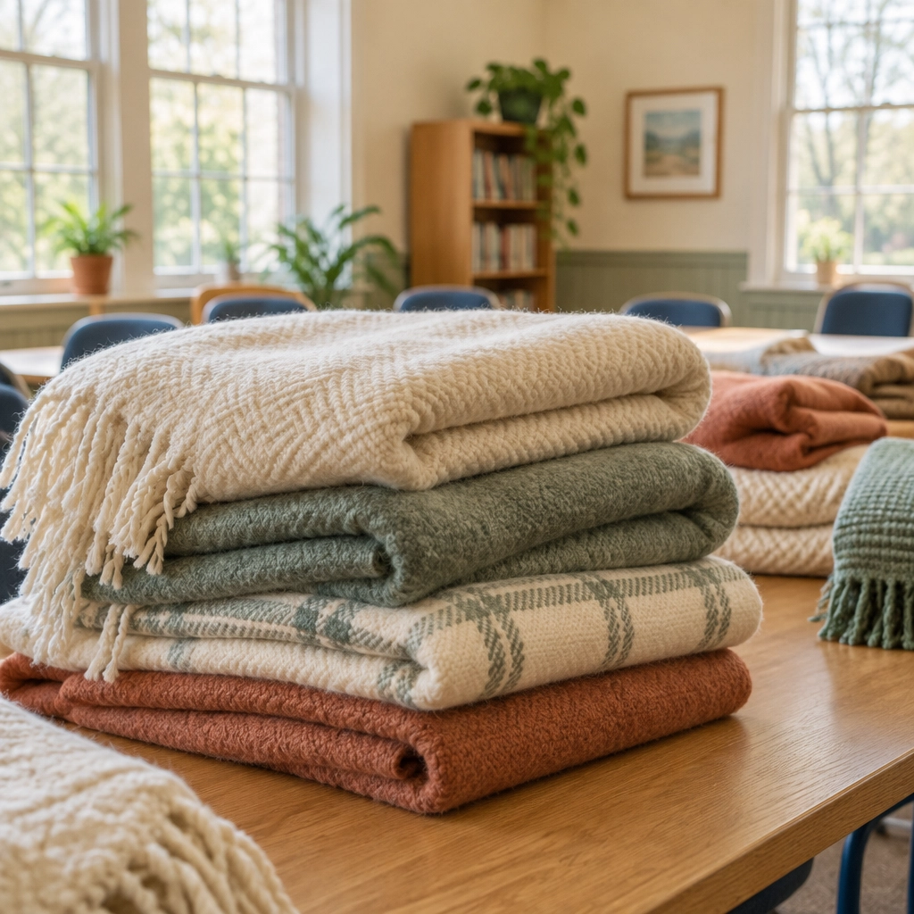 Photo: folded blankets stacked on a classroom table (placeholder for Kimberly’s own photography)