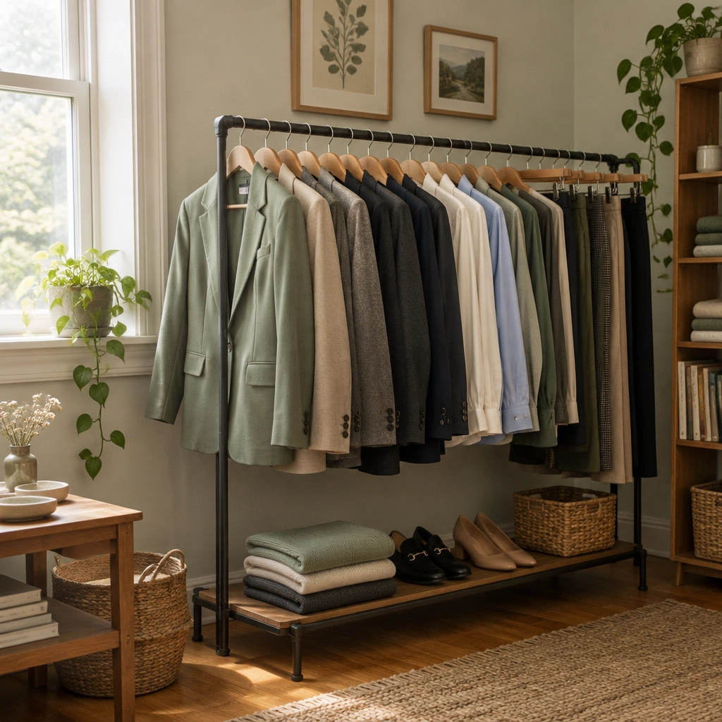 Photo: a clothing rack of professional clothes and shoes (placeholder for Kimberly’s own photography)