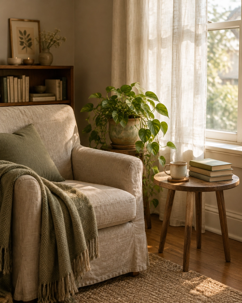 Photo: a cozy home corner with an armchair, plant, books, and a cup of coffee (placeholder for Kimberly’s own photography)