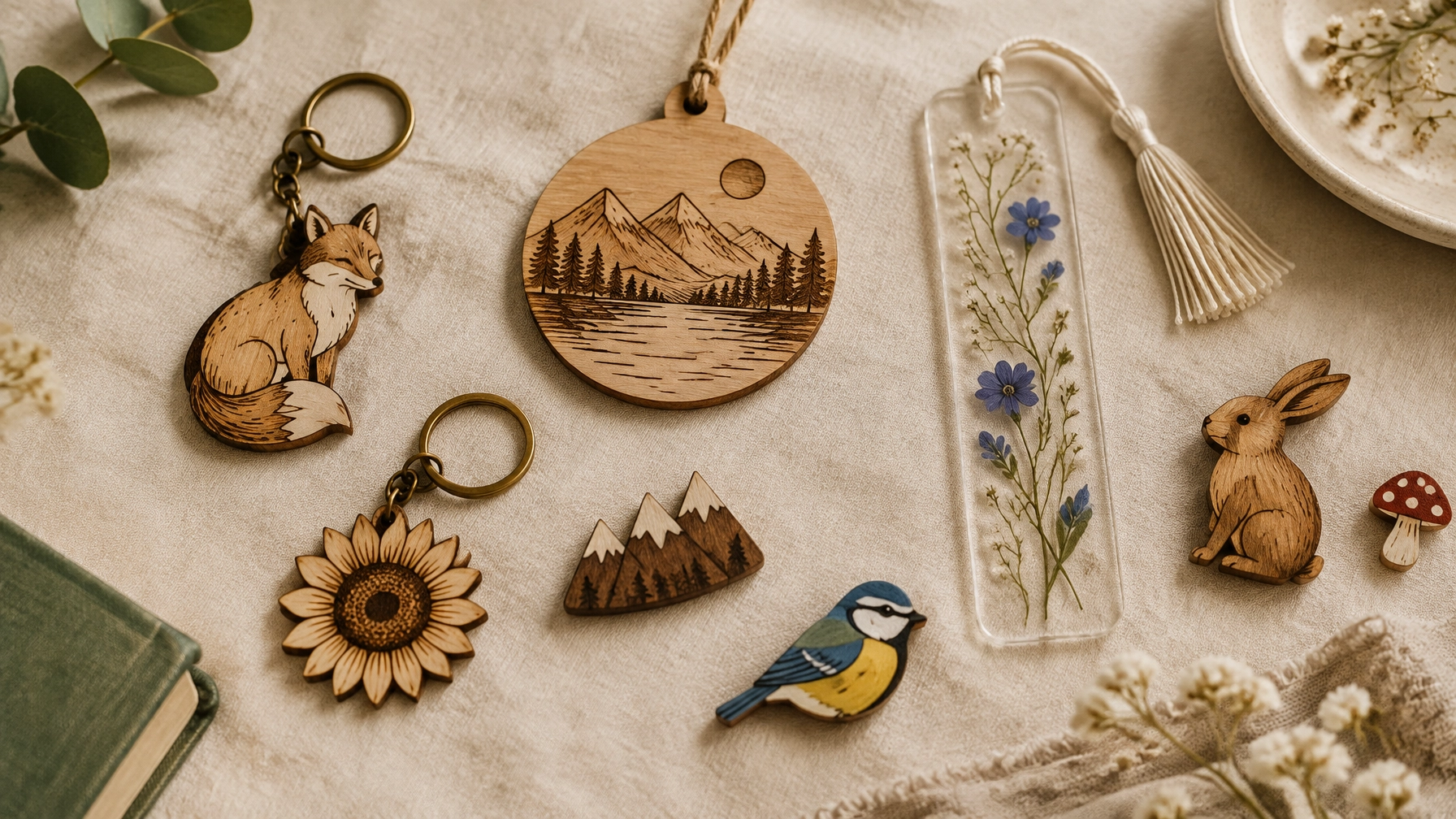 Photo: laser-cut wooden and acrylic pieces arranged on linen (placeholder for Kimberly’s own photography)