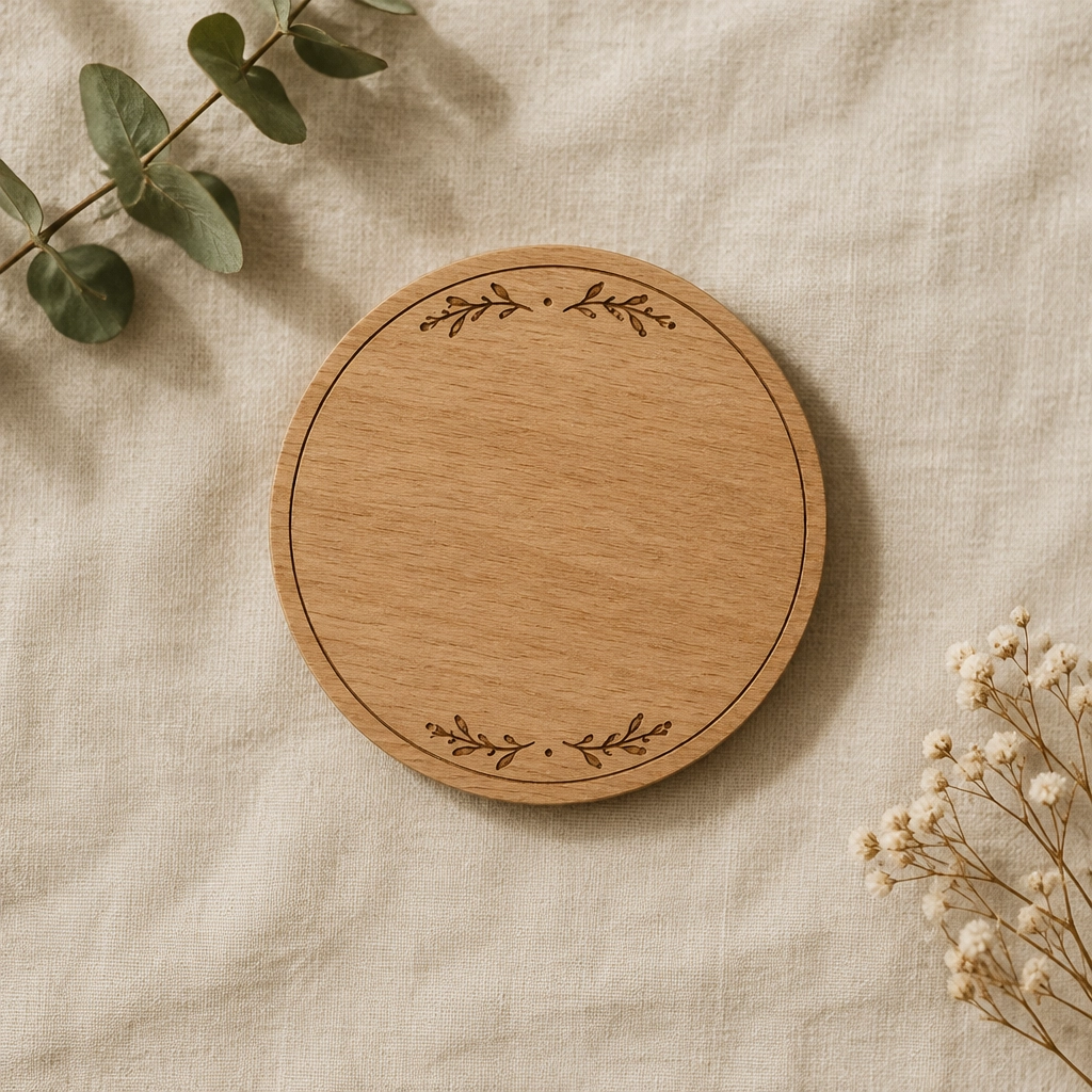 Photo: a round engraved wooden plaque on linen with greenery (placeholder for Kimberly’s own photography)