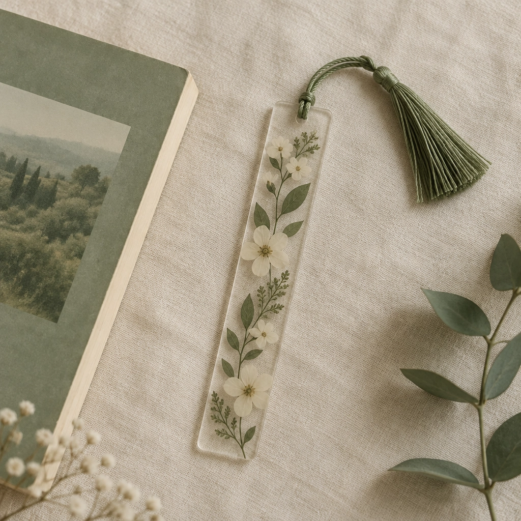 Photo: a pressed-flower bookmark beside a green book and tassel (placeholder for Kimberly’s own photography)