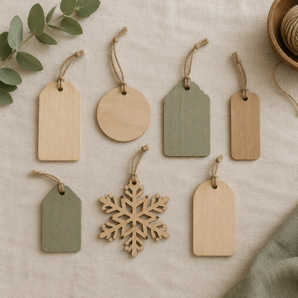 Photo: blank wooden tags and a wooden snowflake ornament on linen (placeholder for Kimberly’s own photography)