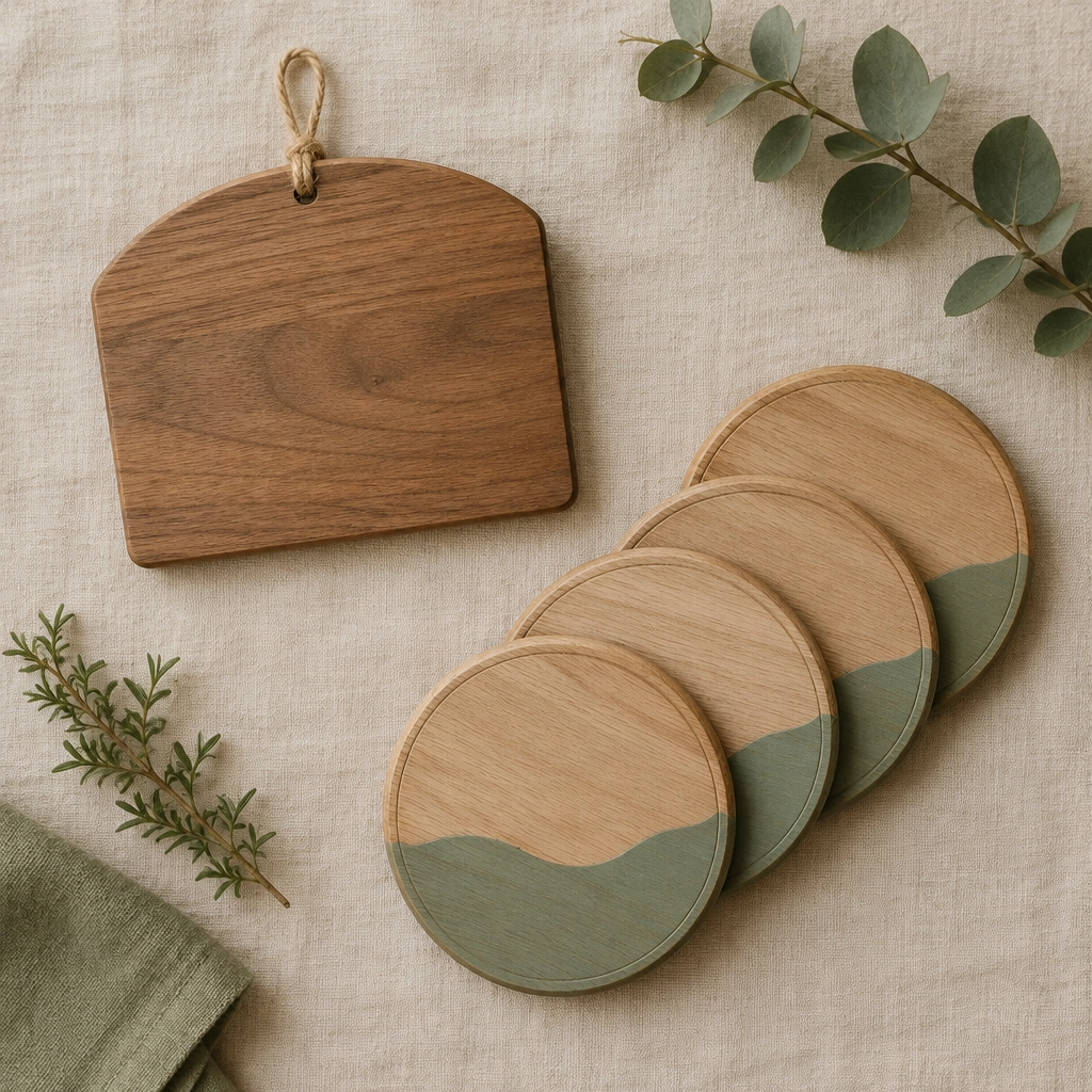 Photo: wooden coasters and a hanging wooden sign with sage details (placeholder for Kimberly’s own photography)