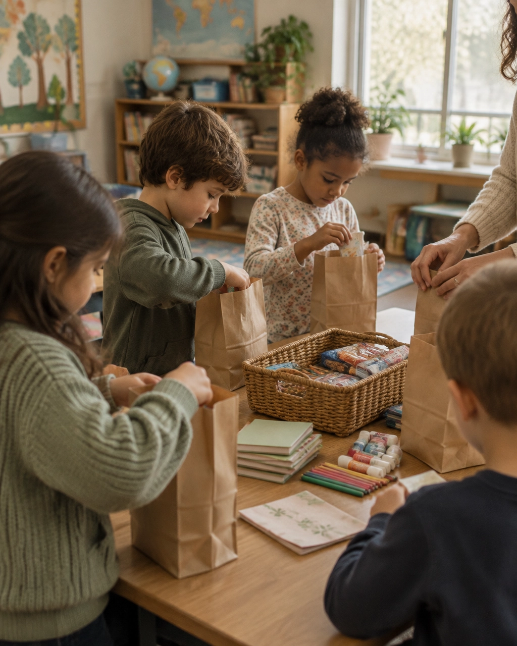 Photo: children packing care packages in a classroom (placeholder for Kimberly’s own photography)