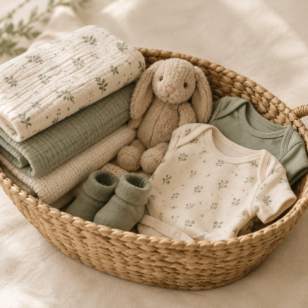Photo: folded baby blankets, clothes, and a plush bunny in a basket (placeholder for Kimberly’s own photography)