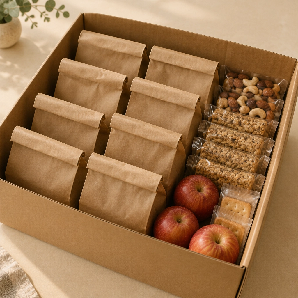 Photo: paper lunch bags and snacks packed in a box (placeholder for Kimberly’s own photography)
