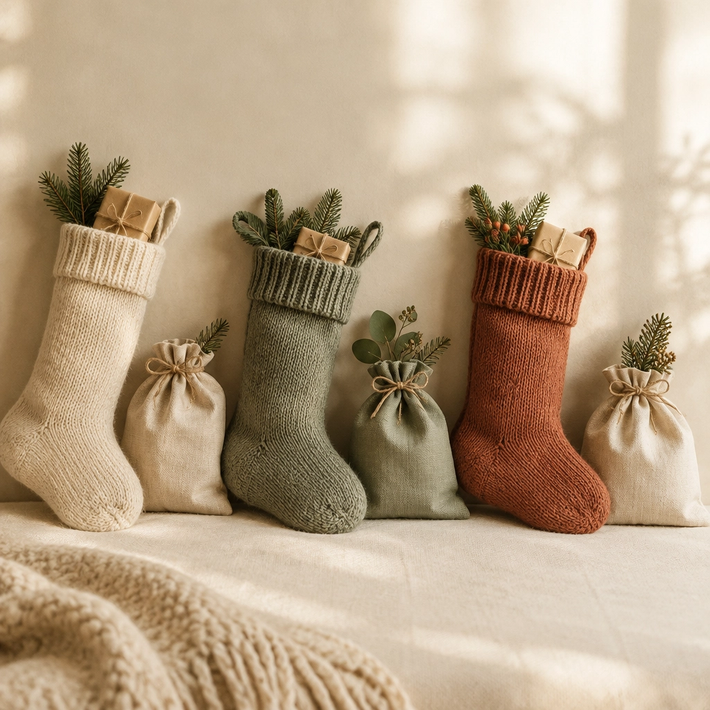 Photo: knitted stockings and gift bags arranged in a row (placeholder for Kimberly’s own photography)